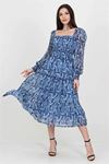 Neşeli butik kadın indigo desenli kare yaka gipeli şifon elbise NB10036