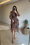 Neşeli butik kadın leopar desenli kat kat volanlı şifon elbise NM014