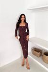 Neşeli butik kadın çizgili desen kare yaka midi boy düğme detaylı elbise NBK069