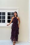 Neşeli butik kadın kahverengi puantiye desenli halter yaka bluz kat kat etek ikili takım NBMY4093