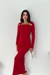 Neşeli butik kadın drapeli kayık yaka gold aksesuarlı elbise NBK4386