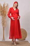 Neşeli butik kadın kırmızı baby shower şifon hamile elbise HML003