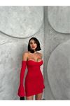 Neşeli butik kadın kırmızı volanlı mini kol fırfırlı elbise NBDF094