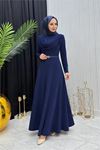 Neşeli butik kadın lacivert sandy kumaş degaje yaka kemer detaylı tesettür elbise---- NMS096