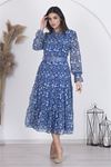 Neşeli butik kadın astarlı etnik desenli şifon elbise RSNB002 - Mavi