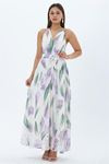 Neşeli butik kadın mor yaprak desen halter yaka maxi boy elbise NBMY4122