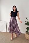 Neşeli butik kadın mürdüm modern kesim vatkalı asimetrik kesim mermer desen elbise NBK4593