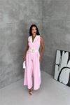 Neşeli butik kadın pembe çift renkli kemerli şerit detaylı tam boy kolsuz tulum NBK087