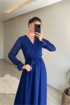 Neşeli butik kadın uzun kollu kuşaklı maxi şifon elbise NM001