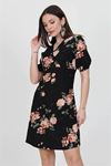 Neşeli butik kadın siyah kruvaze yaka örme krep mini elbise NB100221