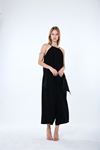 Neşeli butik kadın siyah ince askılı asimetrik kesim bluz pantolon ikili takım NBMY4070