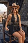 Neşeli butik kadın siyah halter yaka taş detaylı mini boy dalgış kumaş peplum elbise NBDF265