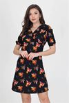 Neşeli butik kadın kruvaze yaka çiçek desenli örme krep mini elbise NB10022