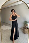 Neşeli butik kadın ışıltılı askılı yırtmaç detayı şifon abiye elbise NM002
