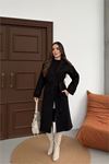 Neşeli butik kadın siyah kuşaklı reglan kol düğmeli premium kaşe kaban NBKBN01