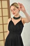 Neşeli butik kadın siyah simli yırtmaç detaylı askılı uzun abiye NBS9276
