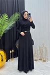 Neşeli butik kadın siyah sandy kumaş degaje yaka kemer detaylı tesettür elbise---- NMS096