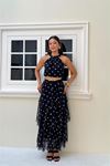 Neşeli butik kadın siyah puantiye desenli halter yaka bluz kat kat etek ikili takım NBMY4093