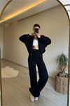 Neşeli butik kadın fermuarlı oversize sweat ve yüksek bel eşofman takımı NM018