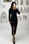 Neşeli butik kadın kruvaze yaka yırtmaçlı midi boy elbise NBMY3837