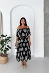 Neşeli butik kadın siyah madonna yaka şifon desenli midi boy elbise NBK091