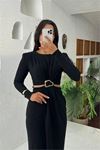 Neşeli butik kadın bel dekolteli toka detaylı uzun kollu elbise NBMY3655