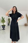 Neşeli butik kadın gömlek yaka kol detaylı keten elbise NBMY3080