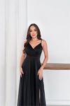 Neşeli butik kadın ayarlanabilir askılı yırtmaçlı tül abiye elbise RYS9276