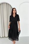 Neşeli butik kadın siyah kuşaklı kruvaze yaka anvelop şifon elbise NBK4520