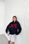 Neşeli butik kadın siyah kapuşonlu içi polar nakışlı sweat NBG033