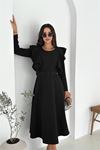 Neşeli butik kadın kol fırfırlı kemerli midi boy elbise NBK4309