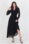 Neşeli Butik Kadın Yeni Sezon Astarlı Kruvaze Yaka Uzun Şifon Elbise NB003