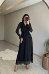 Neşeli butik kadın uzun kollu kuşaklı maxi şifon elbise NM001