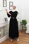 Neşeli butik kadın tül kemerli tesettür elbise RSSN45 - Siyah