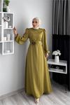 Neşeli butik kadın saten taş detaylı tesettür elbise NMS050