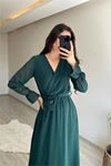 Neşeli butik kadın uzun kollu kuşaklı maxi şifon elbise NM001