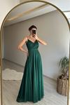 Neşeli butik kadın ışıltılı askılı yırtmaç detayı şifon abiye elbise NM002