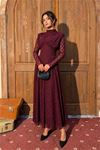 kadın bordo dik yaka vatkalı ışıltılı tam boy elbise NBMY4184