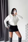kadın beyaz 3 iplik şardonlu kapüşonlu fermuarlı crop sweatshirt NBG6224