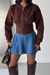 kadın kahverengi 3 iplik şardonlu kapüşonlu fermuarlı crop sweatshirt NBG6224