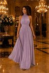 kadın lila halter yaka janjan kumaş premium abiye elbise NBMY4128