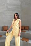 kadın sarı taş işlemeli gold düğme detaylı kolsuz blazer ceket pantolon takım NBSTR1030